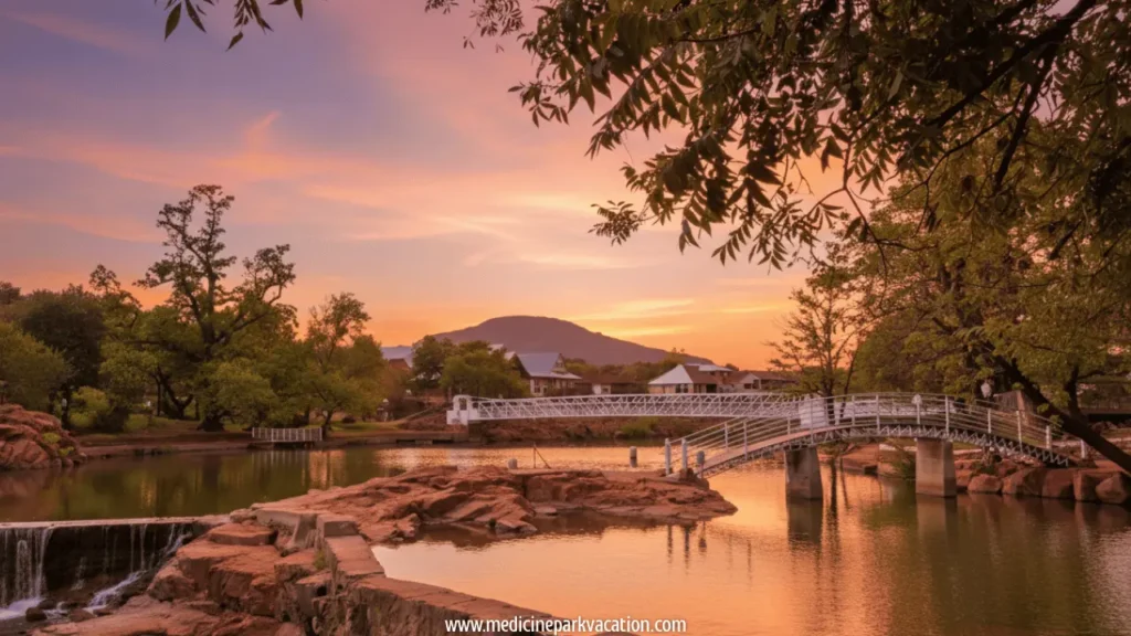 Beautiful sunset over Bath Lake in Medicine Park Oklahoma